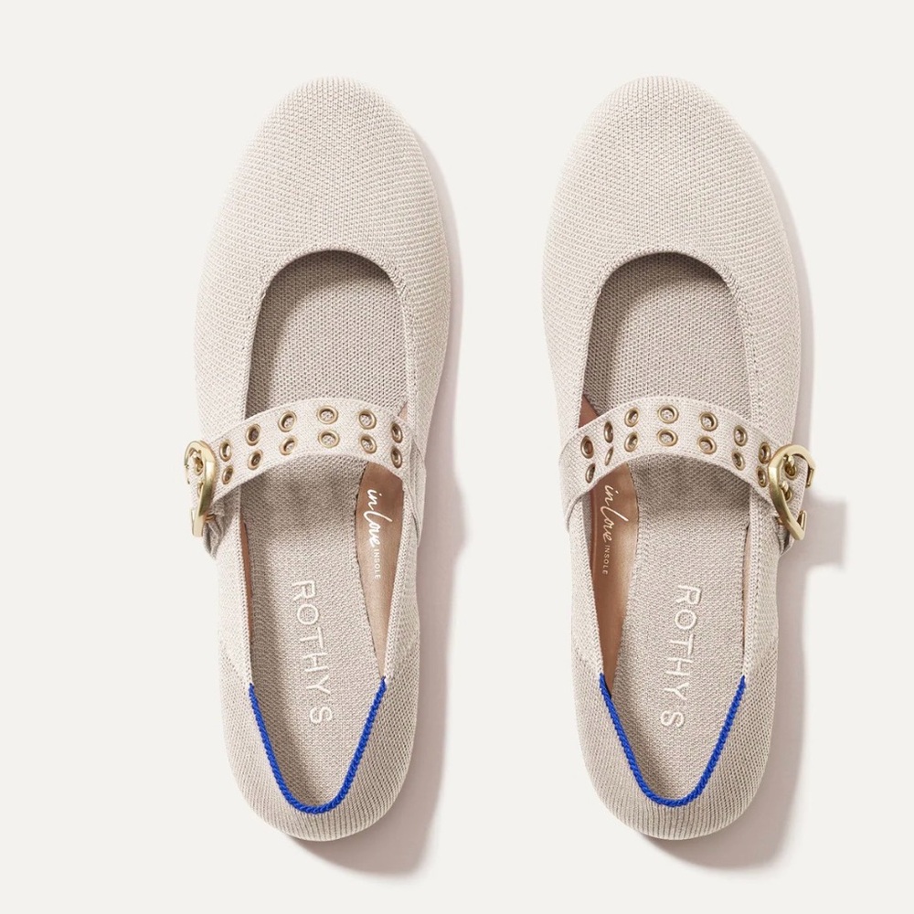 Rothy's Beige Knit Mary Jane Flats with Gold Buckle Sz 8.5
